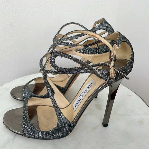 JIMMY CHOO DARK GREY GLITTER LEATHER LANCE HEELS, 37.5 - Picture 3 of 6